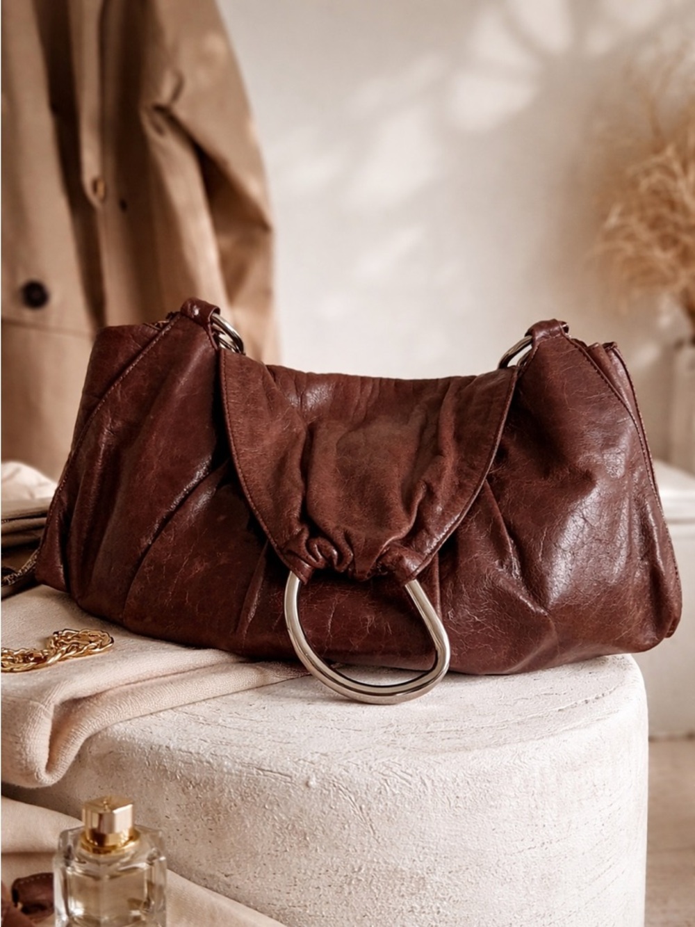 HOBO Deep Brown Gathered Leather Shoulder Bag with Silver Ring